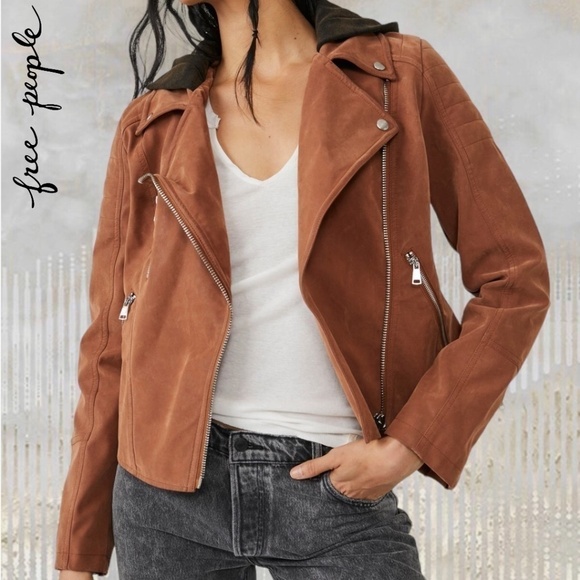 FREE PEOPLE NWT Harriett Moto-Style Brown Vegan Suede, Black Hood Jacket/Md - Picture 5 of 16